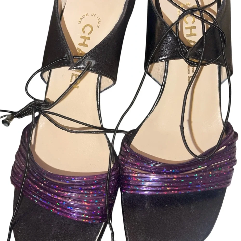 CHANEL Black Purple Tie Stiletto Heels 38 8